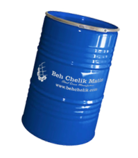 یک بشکه گلدانی (Neck-in) از محصولات به چلیک متین به رنگ آبی که روی بدنه آرم و لوگو شرکت به‌ چلیک متین به عنوان تولید کننده بشکه فلزی چاپ شده است.