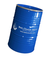 یک بشکه گلدانی (Neck-in) آبی رنگ که روی بدنه آرم و لوگو شرکت به‌ چلیک متین به عنوان تولید کننده بشکه فلزی چاپ شده است.