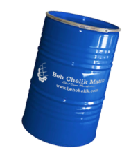 یک بشکه گلدانی (Neck-in) آبی رنگ که روی بدنه آرم و لوگو شرکت به‌ چلیک متین به عنوان تولید کننده بشکه فلزی چاپ شده است.